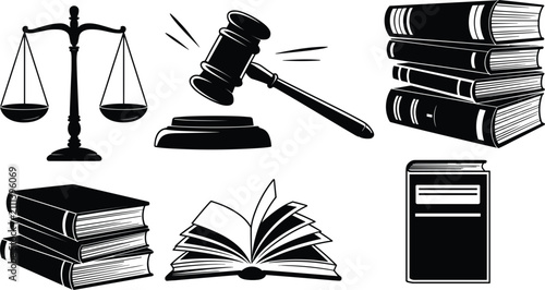 Foto Collection of black and white legal featuring a wooden gavel, scales of justice,