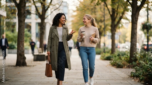 Two colleagues walking and talking outdoors in urban business district