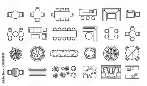 Architectural plan view furniture and landscaping line art symbols set for interior design