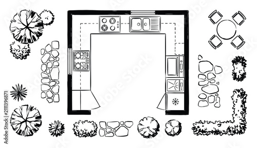 U-shaped kitchen layout plan, top-down architectural symbols for interior design, home renovation