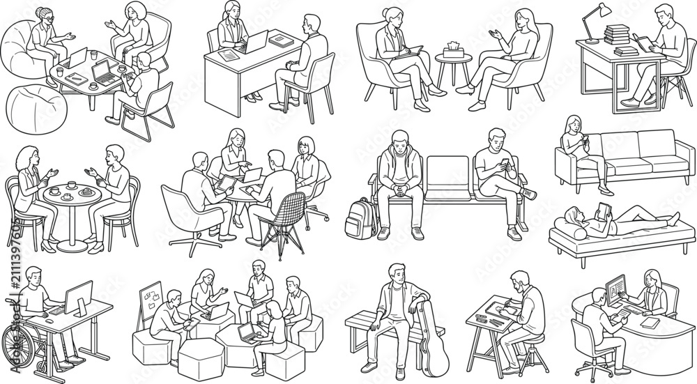 Obraz premium Office Lifestyle People Outline Vector Set with Work Meeting Study and Everyday Activities