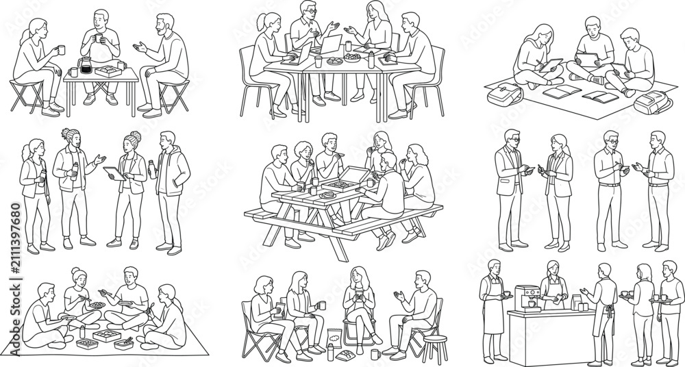 Obraz premium People Social Interaction Outline Character Collection with Meetings Conversations Dining and Study Activities