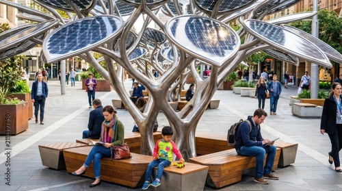 People relaxing under modern solar tree in plaza.