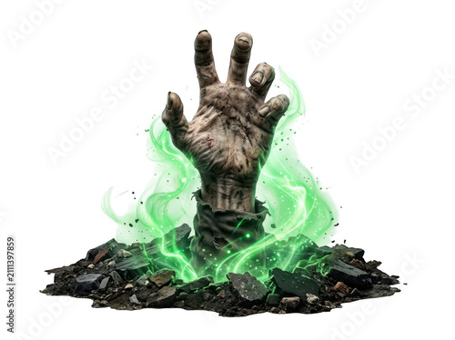 Zombie hand rising with green magical energy isolated on transparent background. Halloween magic concept.