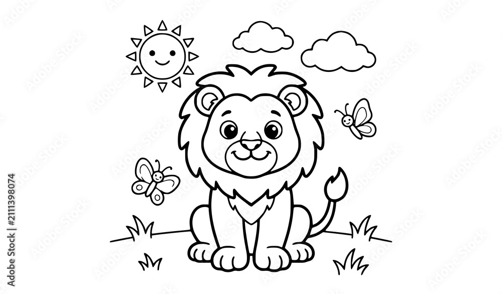 Fototapeta premium Cute cartoon lion sitting in a meadow with butterflies and a smiling sun for children coloring book page