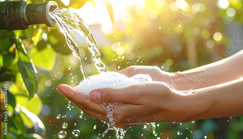 Hands Cupped Catching Fresh Water Flowing From Outdoor Faucet in Sunlight.
