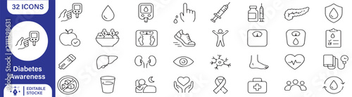Cuadro en lienzo 32 Diabetes Awareness Vector Outline Icons Set – Blood Glucose, Insulin, Diabete