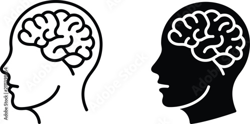 Fotografía Two human head profile featuring brain anatomy, one linear outline and one solid