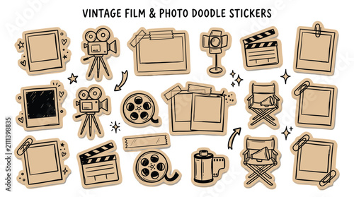 Collection of vintage cinema and photo related doodle stickers featuring cameras film reels movie clapperboards and retro photo frames for creative projects.