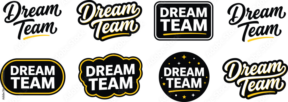 Obraz premium Dream team logo set showing text variations in cursive, bold, and badge styles with stars and outlines for teamwork branding flat vector illustration