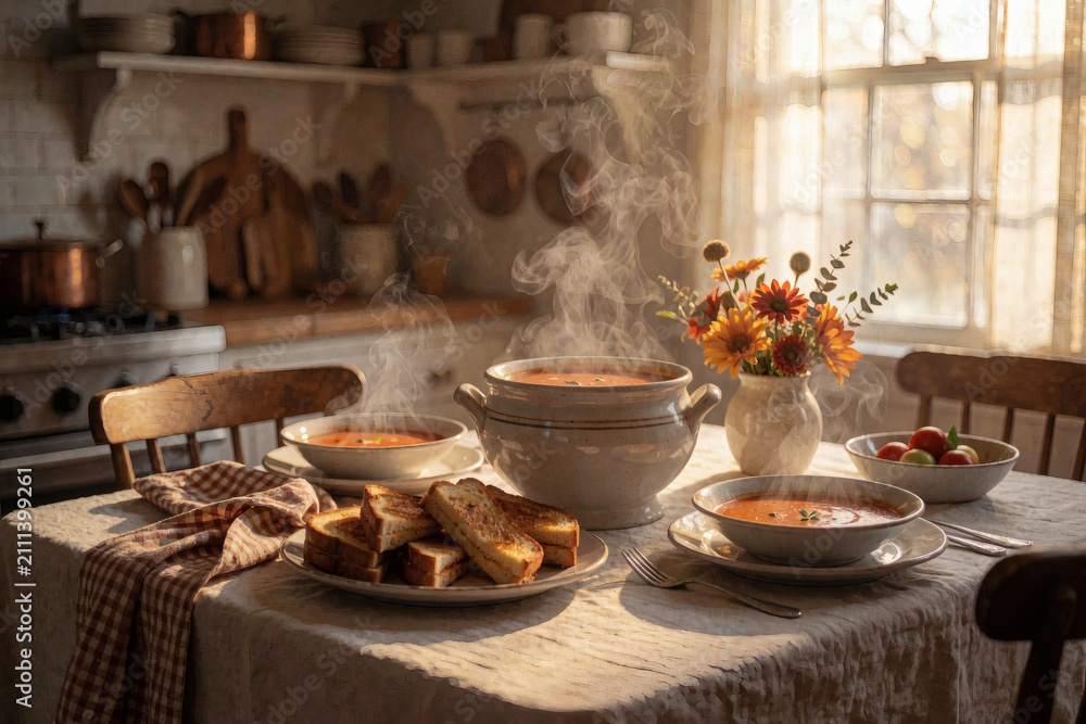 Fototapeta premium Warm soup in a cozy kitchen setting with bread and flowers 