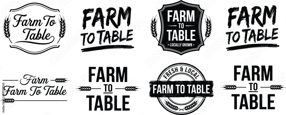 Obraz premium Farm to table logo set featuring wheat, badge, and text variations in rustic and modern styles for organic food and local produce branding flat vector illustration