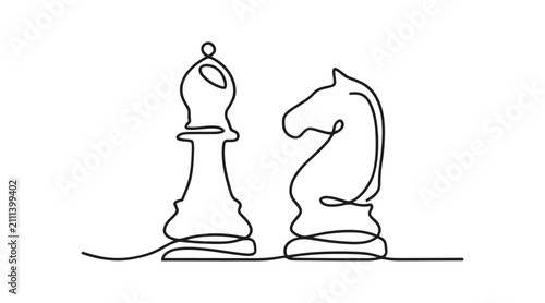 Billede på lærred Continuous line drawing of chess pieces bishop and knight isolated on white back