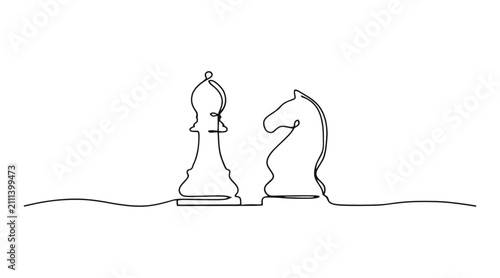 Fotografie Continuous single line drawing of chess bishop and knight pieces strategy concep