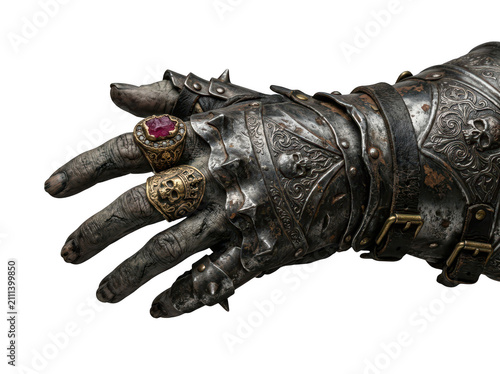 Gothic knight metal gauntlet with rings isolated on transparent background. Medieval armor fantasy warrior concept.