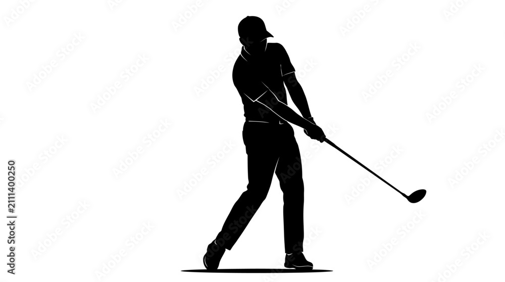 Fototapeta premium Professional golf player silhouette, male golfer swinging club vector illustration, black and white sports athlete graphic on white background