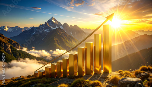 Golden Bar Chart Ascending Towards Sunrise Over Majestic Mountains.