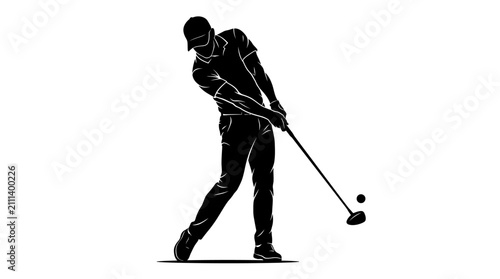 Professional golfer silhouette swinging club, black and white golf player vector illustration, athletic man hitting golf ball on white background