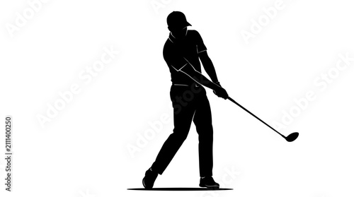 Professional golf player silhouette, male golfer swinging club vector illustration, black and white sports athlete graphic on white background