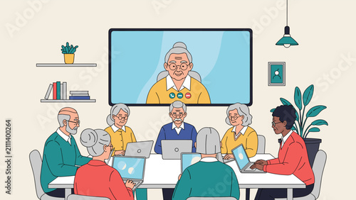 Senior citizens attending technology training class and using video call on display in modern community room.