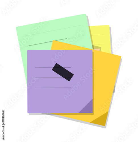 Colorful sticky notes stack with tape, pastel paper memo pads for office planning, flat vector illustration of stationery reminders and notes