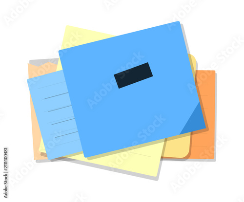 Colorful sticky notes and paper scraps, flat vector illustration of messy office stationery, blue and yellow memo pads for reminders and tasks