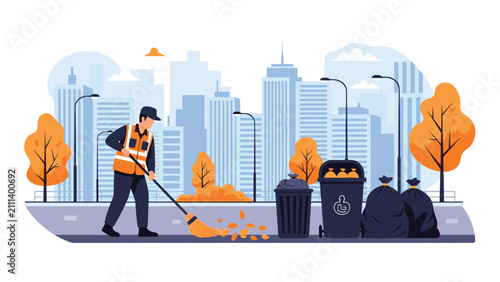 Professional street sweeper in safety vest cleaning autumn leaves from the road with a broom in front of city skyline.