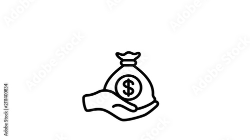 Hand holding money bag animated icon for business income, profit, earning, salary or loan. Dollar cash for savings, investment, moneybox, financial management animation symbol. 4K video alpha channel