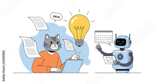 Creative cat-headed designer works on a laptop alongside a helpful robot assistant to develop innovative ideas.