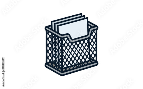Wire Mesh Desk Organizer with Papers Vector Icon