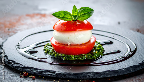 Caprese Salad Stack with Fresh Basil and Balsamic Glaze.