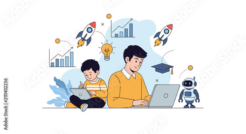 Father and son using laptop and tablet to study robotics, programming, and business graphs together at home.