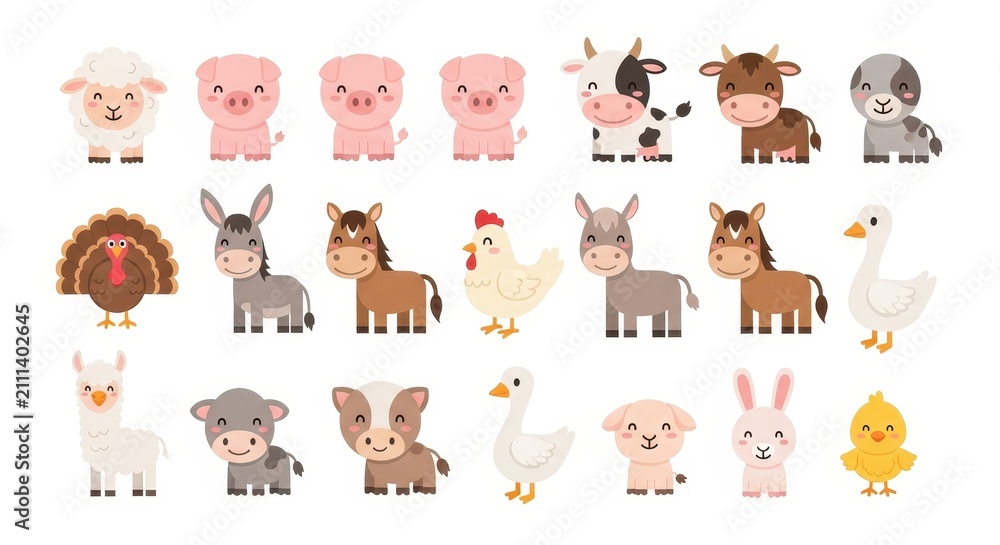 Obraz premium Cute Cartoon Farm Animals Vector Collection - Kawaii Livestock Illustrations for Kids and Educational Design