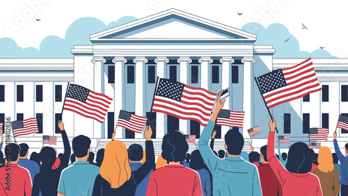 Crowd of patriotic citizens holding and waving American flags in front of a white classical government court or capitol building.