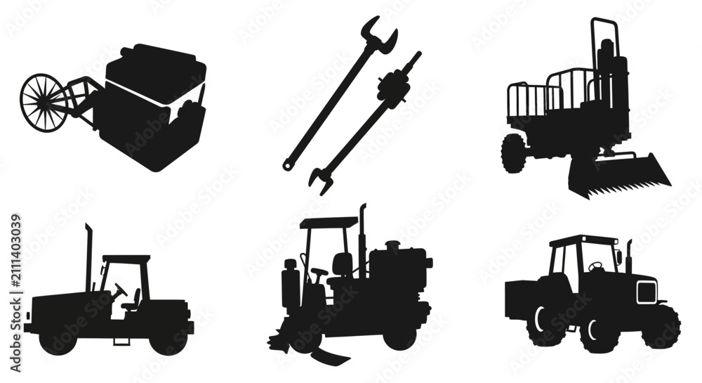 Obraz premium Heavy machinery and tools in black silhouette on white background with silhouettes construction vehicles wheelbarrow equipment transport industry