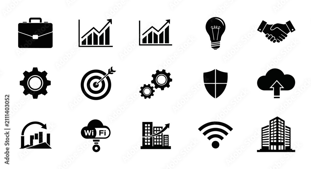Fototapeta premium Business icons set with technology with displays collection black communication innovation briefcase lightbulb handshake building industry with security
