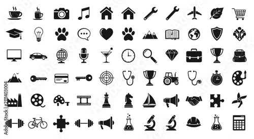 Quadro su tela Collection of black and white icons on white background with grid various black