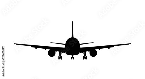Konstfotografi Airplane silhouette flying towards viewer with viewer white background black sil