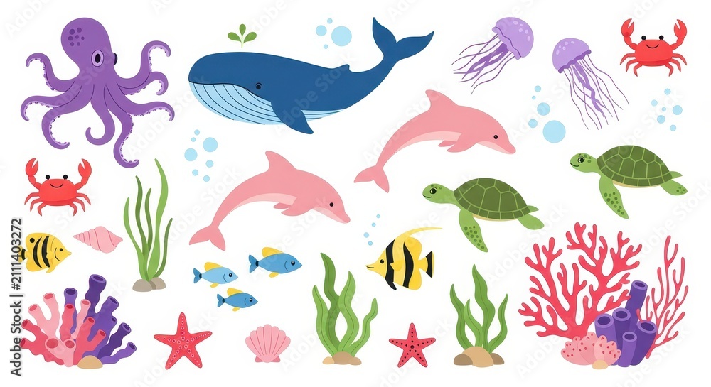 Fototapeta premium Cute Sea Creatures Vector Illustration Set Featuring Whale, Octopus, Dolphins, Turtles, and Colorful Coral Reef Elements