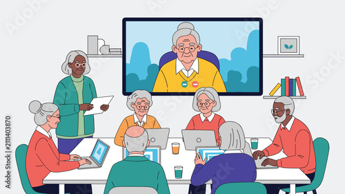 Group of diverse senior citizens holding a video call conference on laptops in a modern community center room.