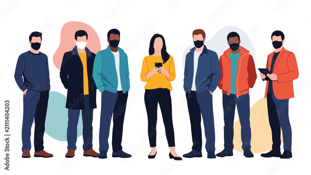 Obraz premium Diverse group of young men and women wearing protective medical face masks standing together against a white backdrop.