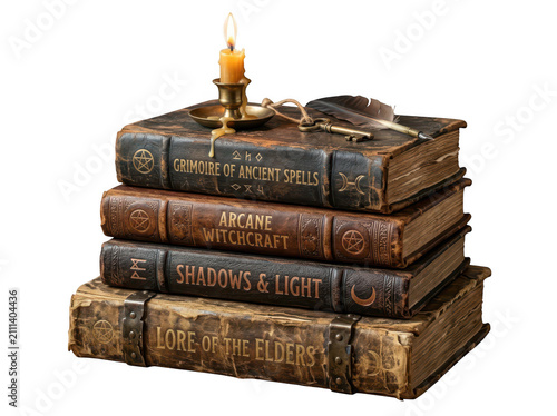 A stack of ancient spell books with a burning candle, quill, and key isolated on transparent background. Great for.