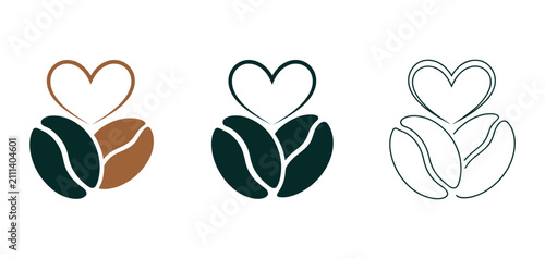 Quadro su tela Roasted Coffee Beans And Heart Icon, Coffee Love Symbol, Bean Grind Size Guide, Coffee Mug, Percolator And Cafe Vector Illustration