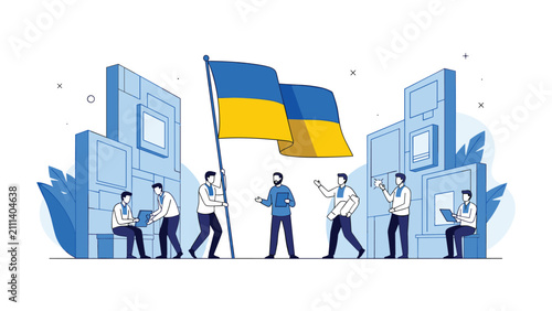 Group of patriotic citizens proudly raising and holding a giant yellow and blue flag of ukraine together.
