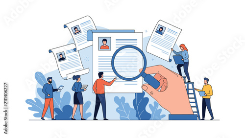 Human resources recruitment concept with a giant hand inspecting candidate resumes using a large magnifying glass.