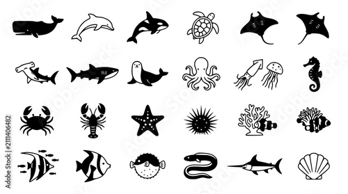 Obraz na płótnie Ocean Life Icons Set: Marine Animals Silhouette Collection