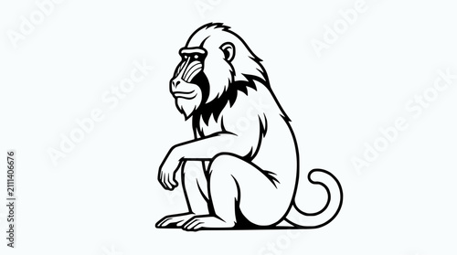 Photography Stylized Baboon Sitting Down, Black and White Line Art Illustration