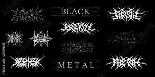 Фотография Collection Of Black Metal Logos And Sigils White Line Art On Black Background