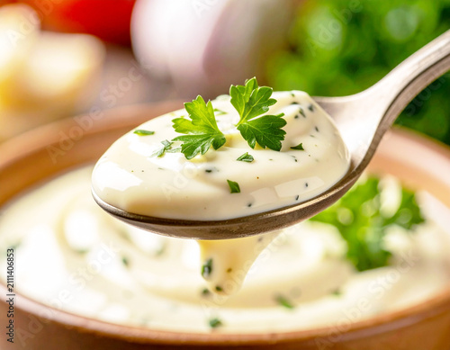 Creamy herb and garlic aioli sauce on a spoon, macro shot. AI