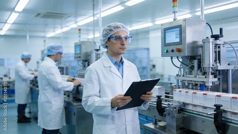Naklejka premium Quality control inspector in lab coat holding clipboard near automated pharmaceutical packaging machinery inside sterile factory.
